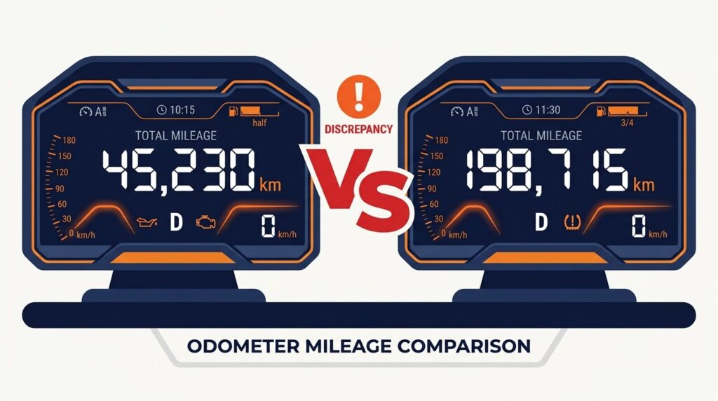 Graphic illustrating the odometer mileage discrepancy found in the Kim Muratori Mercedes case