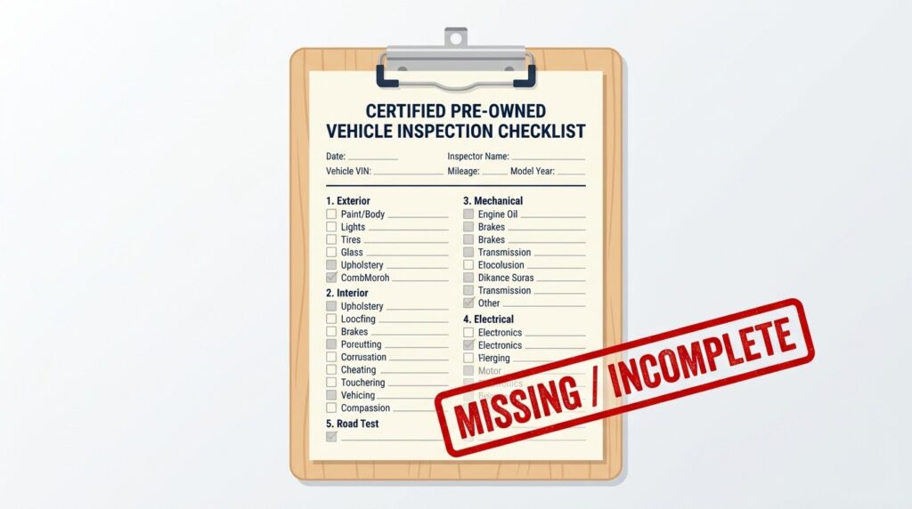 Illustration representing the missing certified pre-owned inspection checklist in the Muratori case