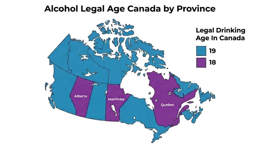 Map showing the legal drinking age in Canada by province, with 18 in Alberta, Manitoba and Quebec and 19 elsewhere