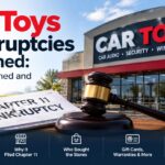 Car Toys bankruptcy explained, showing a Car Toys storefront, Chapter 11 bankruptcy documents, and a judge's gavel.