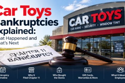 Car Toys bankruptcy explained, showing a Car Toys storefront, Chapter 11 bankruptcy documents, and a judge's gavel.