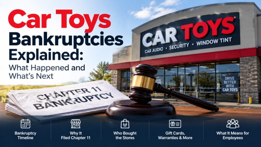 Car Toys bankruptcy explained, showing a Car Toys storefront, Chapter 11 bankruptcy documents, and a judge's gavel.